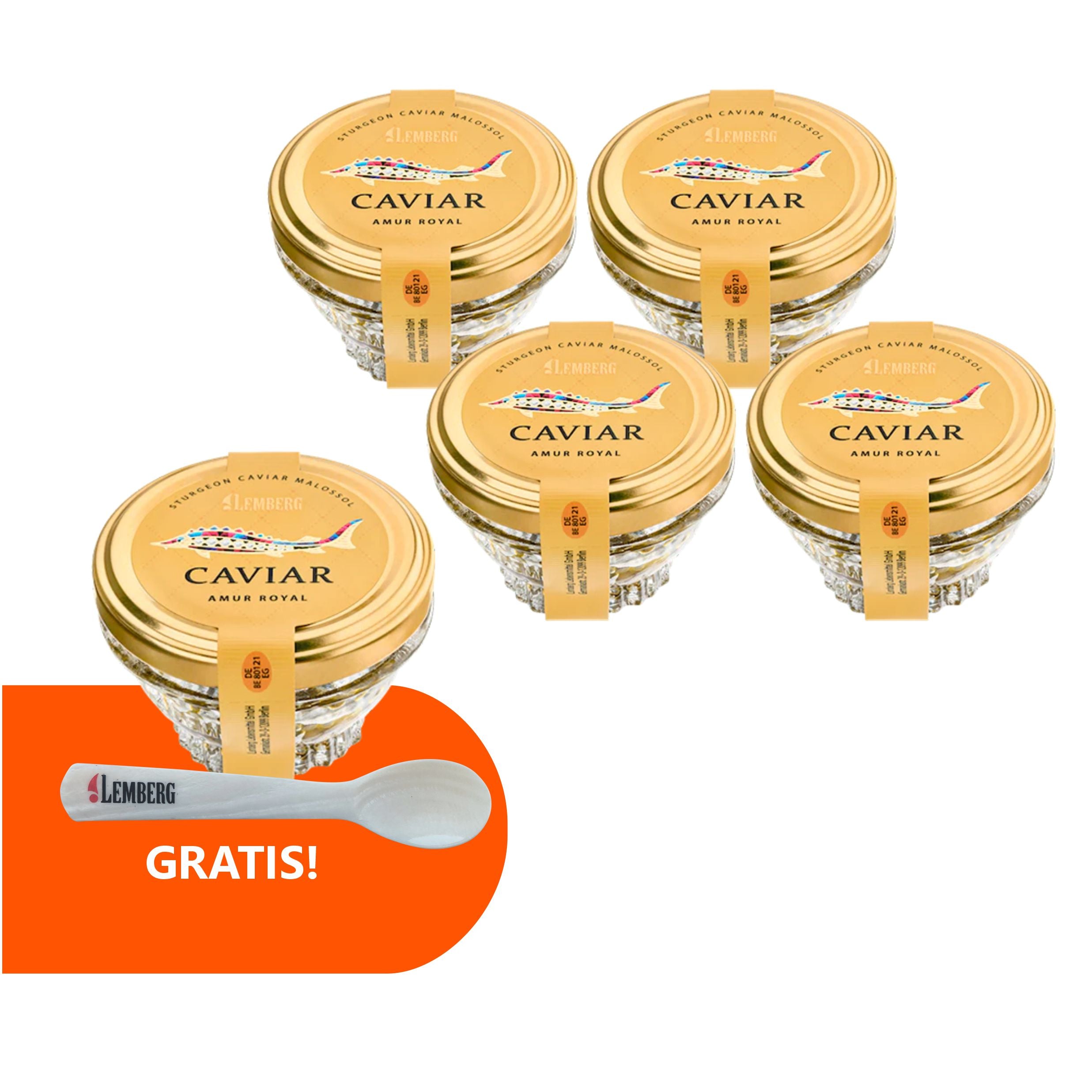 Kawior z jesiotra AMUR ROYAL 50g x 4 + 1 Gratis + łyżeczka z masy perłowej Gratis