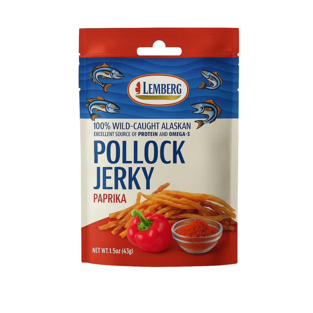 Paski fileta z mintaja z papryką, solone, suszone, 42 g