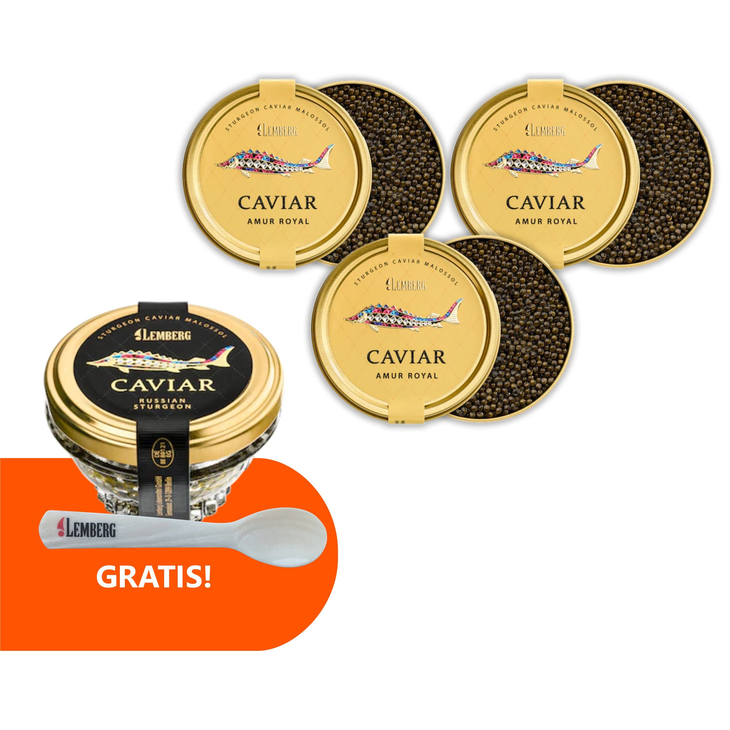 Kawior z jesiotra AMUR ROYAL 3 x 100g + Kawior z jesiotra OSIETRA i łyżeczka z masy perłowej Gratis