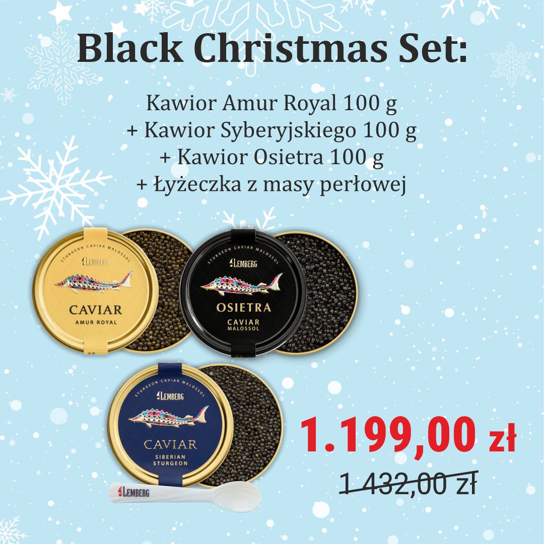 Black Christmas Set - Kawior Jesiotra Amur Royal 100 g + Kawior Jesiotra Syberyjskiego 100 g + Kawior Jesiotra Osietra 100 g + Łyżeczka z masy perłowej