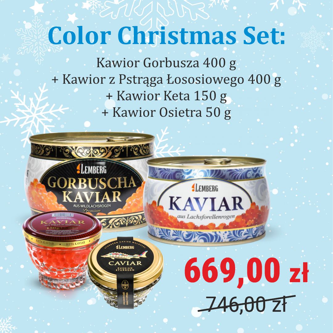 Color Christmas Set - Kawior z Łososia Gorbusza 400 g + Kawior z Pstrąga Łososiowego 400 g + Kawior z Kety 150 g + Kawior Jesiotra Osietra 50 g