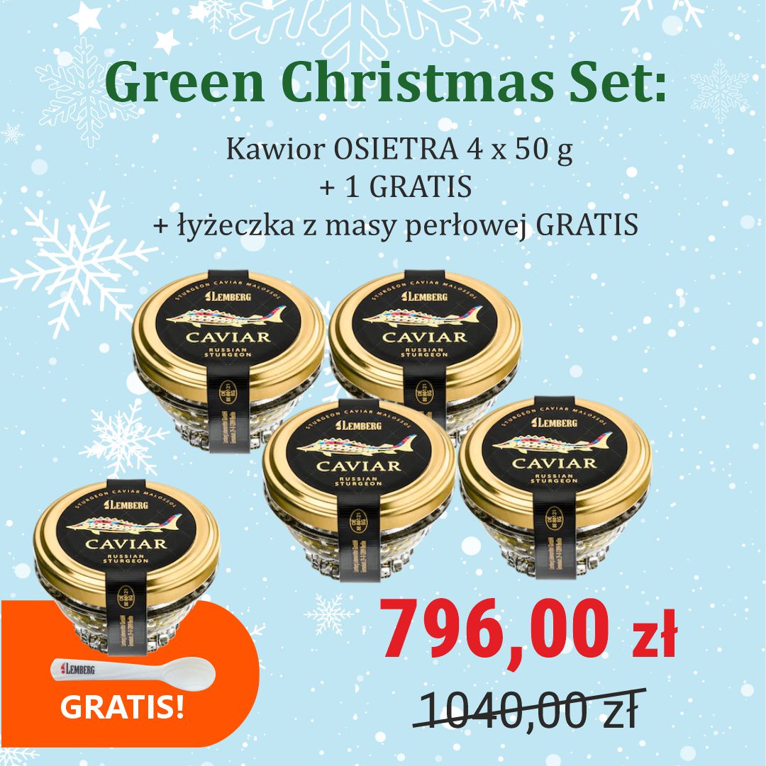 Green Christmas Set - Kawior z Jesiotra OSIETRA 4 x 50 g + 1 GRATIS + łyżeczka z masy perłowej GRATIS