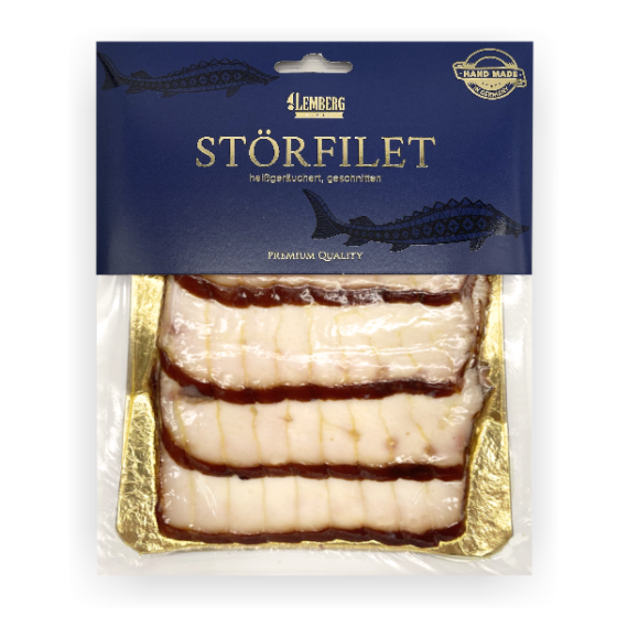 Filet z jesiotra wędzony na gorąco w plastrach ze skórą, 125g