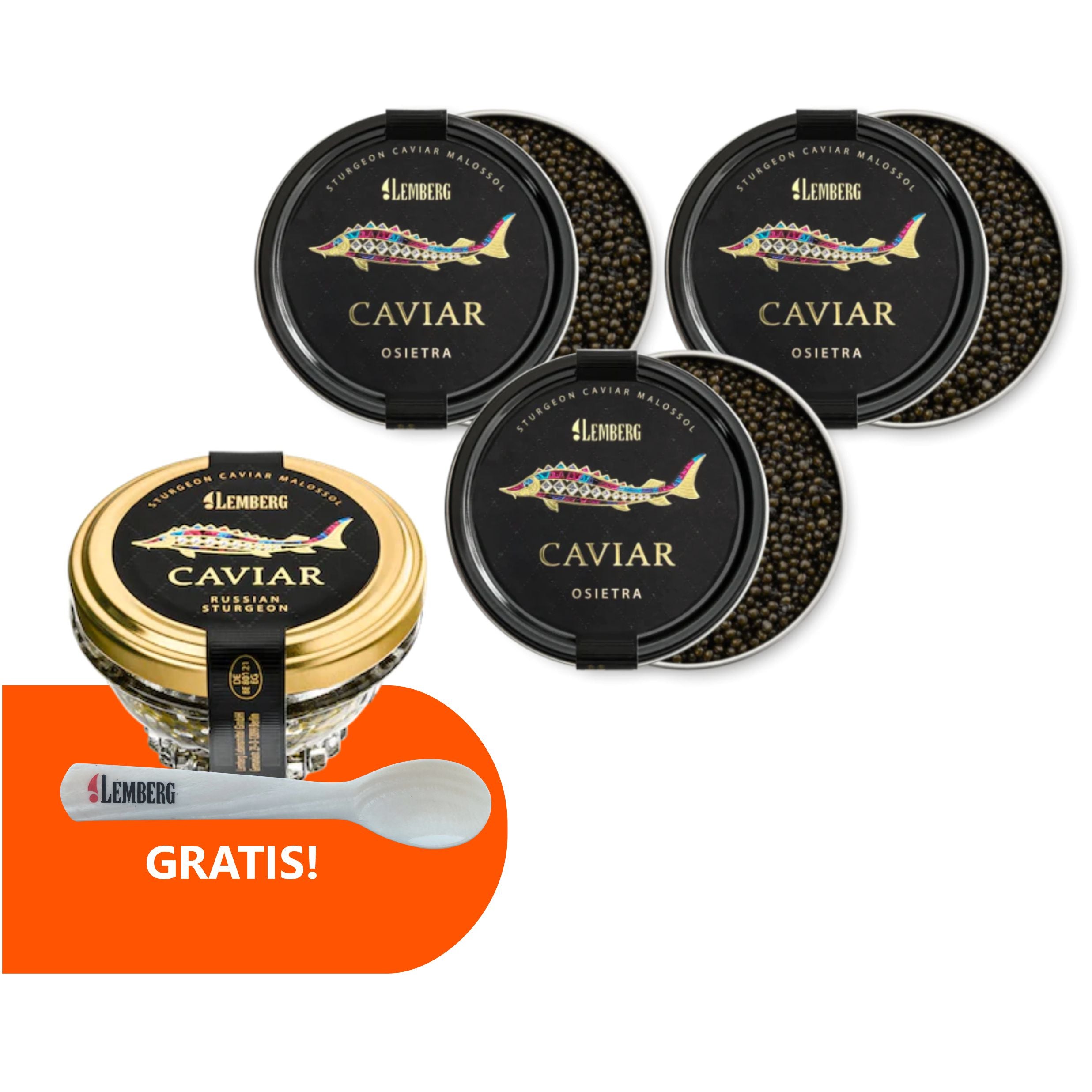 Kawior z jesiotra Osietra 100g x 3 + kawior z jesiotra  OSIETRA 50g + łyżeczka z masy perłowej Gratis