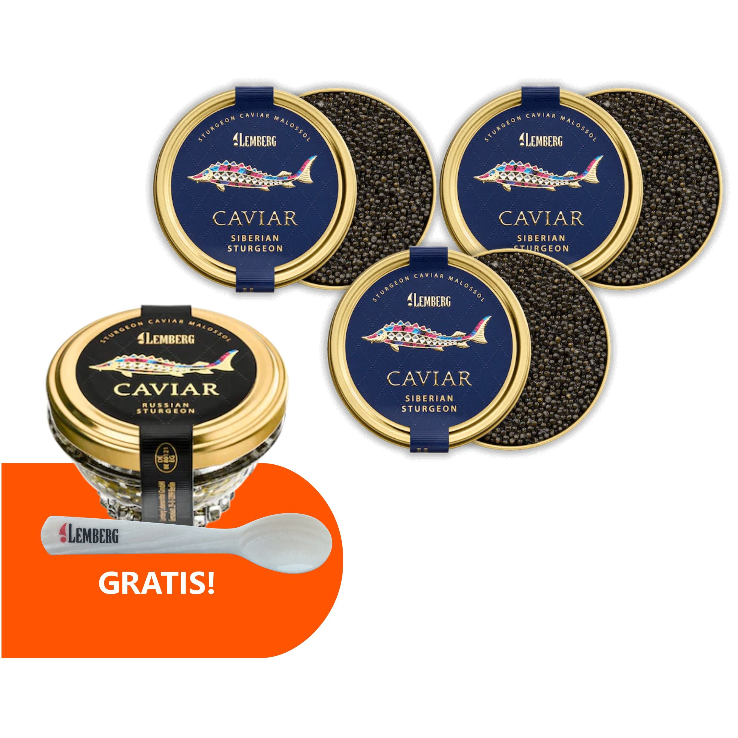Kawior z jesiotra Siberian, 100g x 3 + Kawior z jesiotra OSIETRA, 50g Gratis + łyżeczka z masy perłowej Gratis