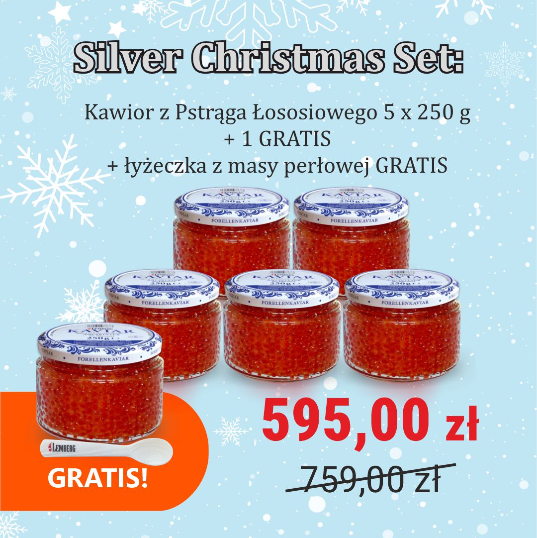Silver Christmas Set - Kawior z Pstrąga Łososiowego 5 x 250 g + 1 GRATIS + łyżeczka z masy perłowej GRATIS